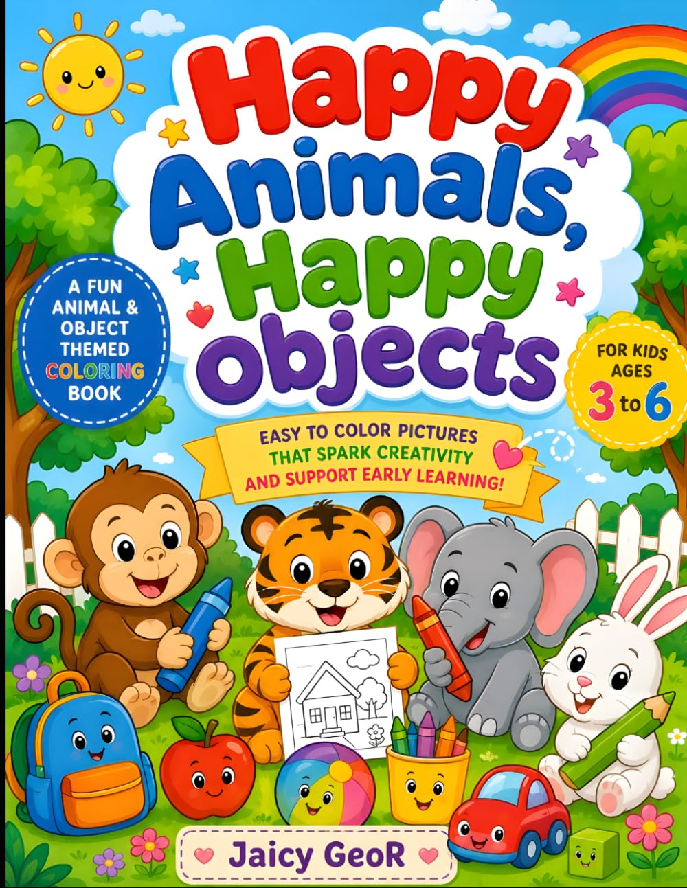 Happy Animals, Happy Objects: Fun and Easy Animal & Object Coloring Pages for Toddlers and Preschool Kids with Bold and Simple Designs