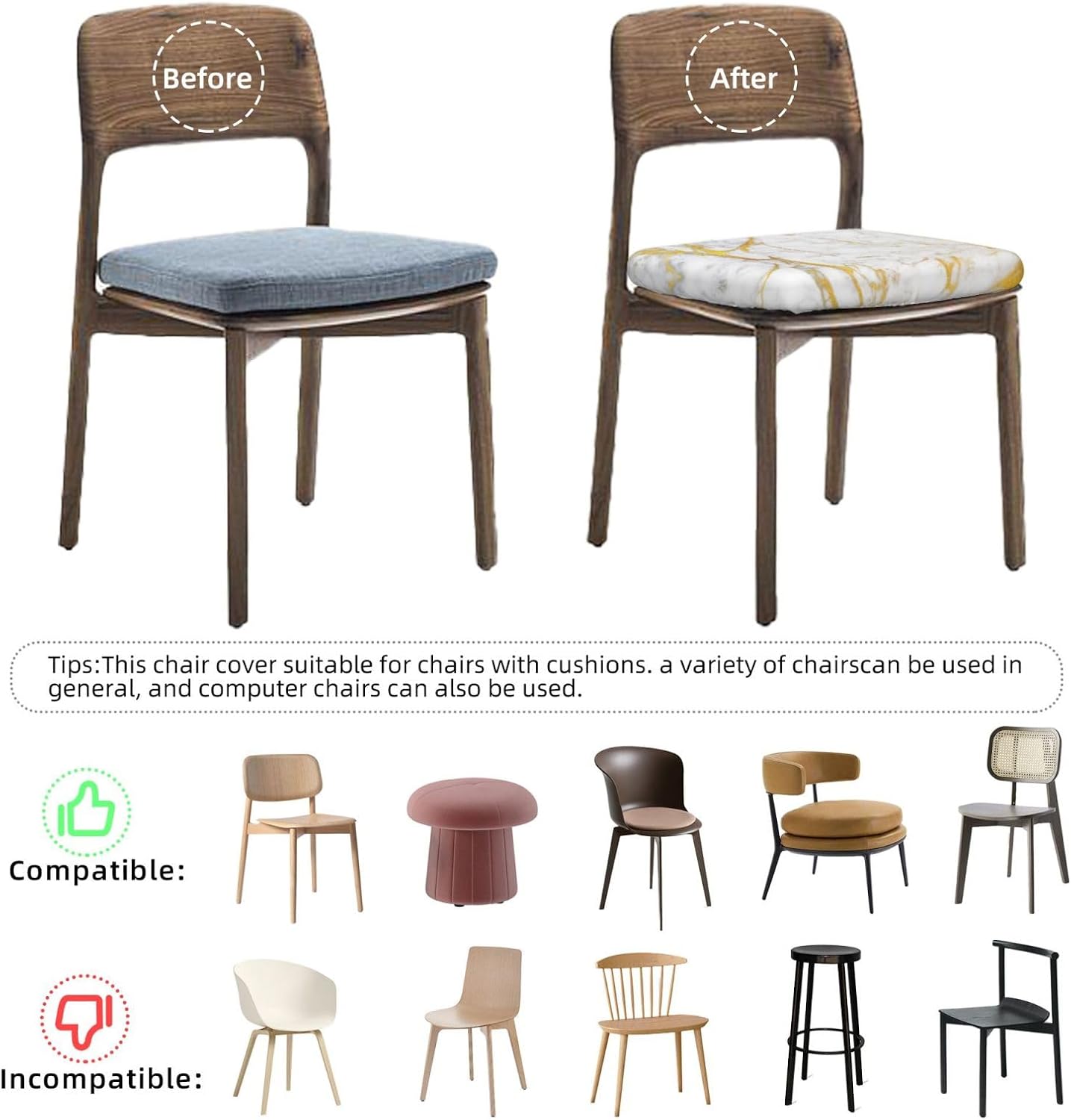 Seat Covers for Dining Room Golden Marble Texture Chair Seat Slipcovers Kitchen Chair Covers Removable Washable Stretch Dining Chair Covers 6 Pcs