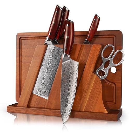 YARENH Chef Knife Block Set Professional 7 Piece - 73 Layers Japanese Damascus Stainless Steel - Full Tang - Ultra Sharp Kitchen Knife - Natural Dalbergia Wood Handle - Gift Box Packaging