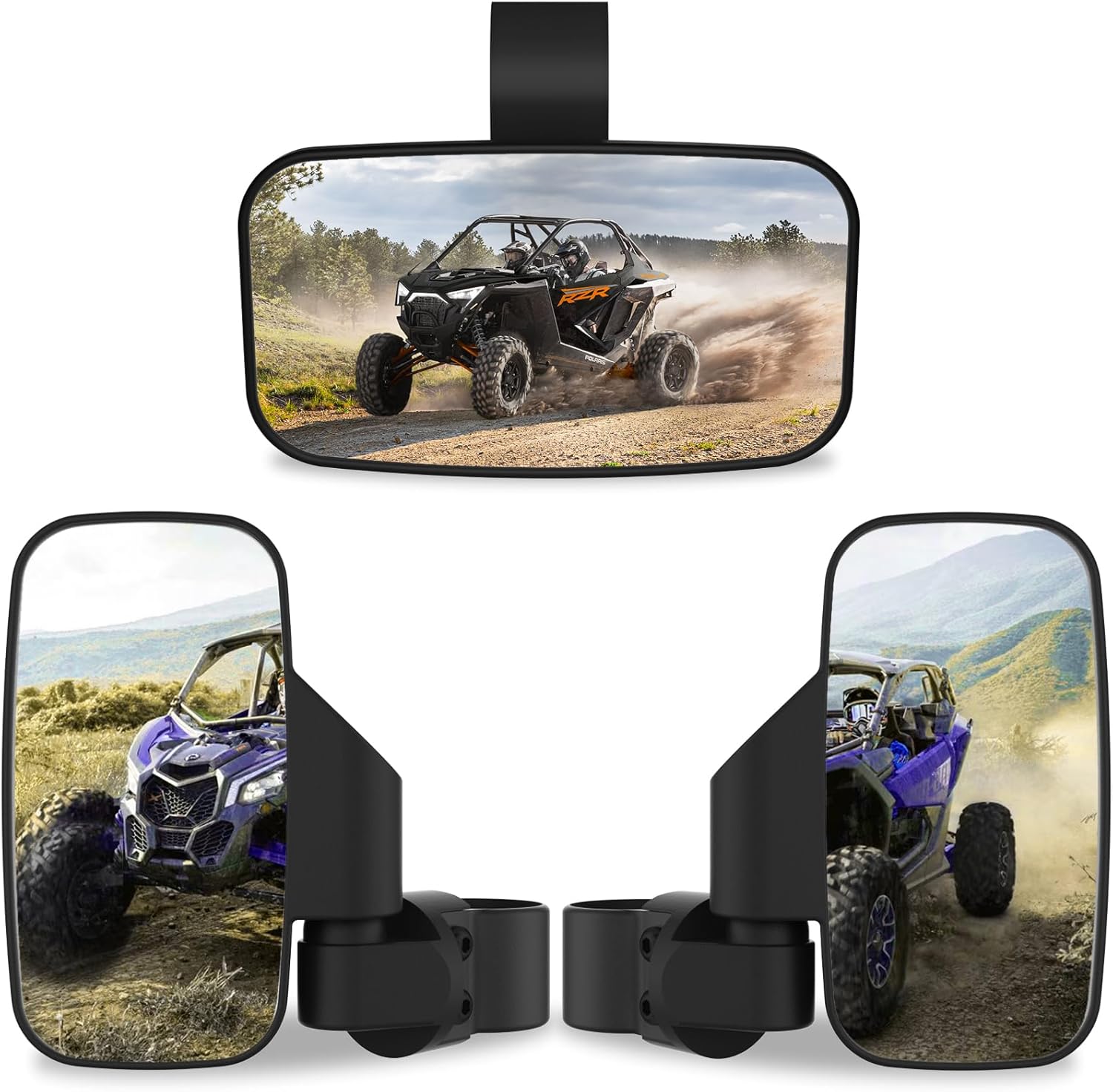 UTV Side Mirrors And Center Mirror with 1.6" to 2" Roll Bar Cage Adjustable Rear View Side Mirrors Compatible with Polaris RZR RZR Ranger Can-Am Maverick Yamaha Rhino Kawasaki Honda Pioneer