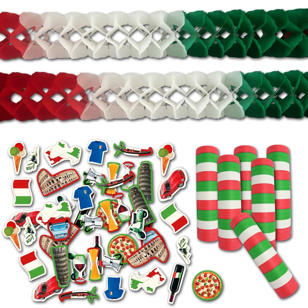 Italien Deko Set groß – Partydeko Italien Flagge mit Girlanden, Rosette, Fahnenkette, Luftballons, Lampion, Bella Italia Buchstabenkette, Tischdeko, Fähnchen & Luftschlangen