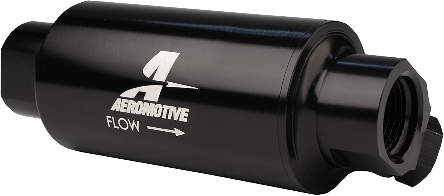 Aeromotive 12333 Filter w/Dual Outlet, 10-Micron Fabric Element, In-Line, ORB10 Inlet/Outlet plus ORB-06 Outlet, Bright-Dip Black, 2" OD