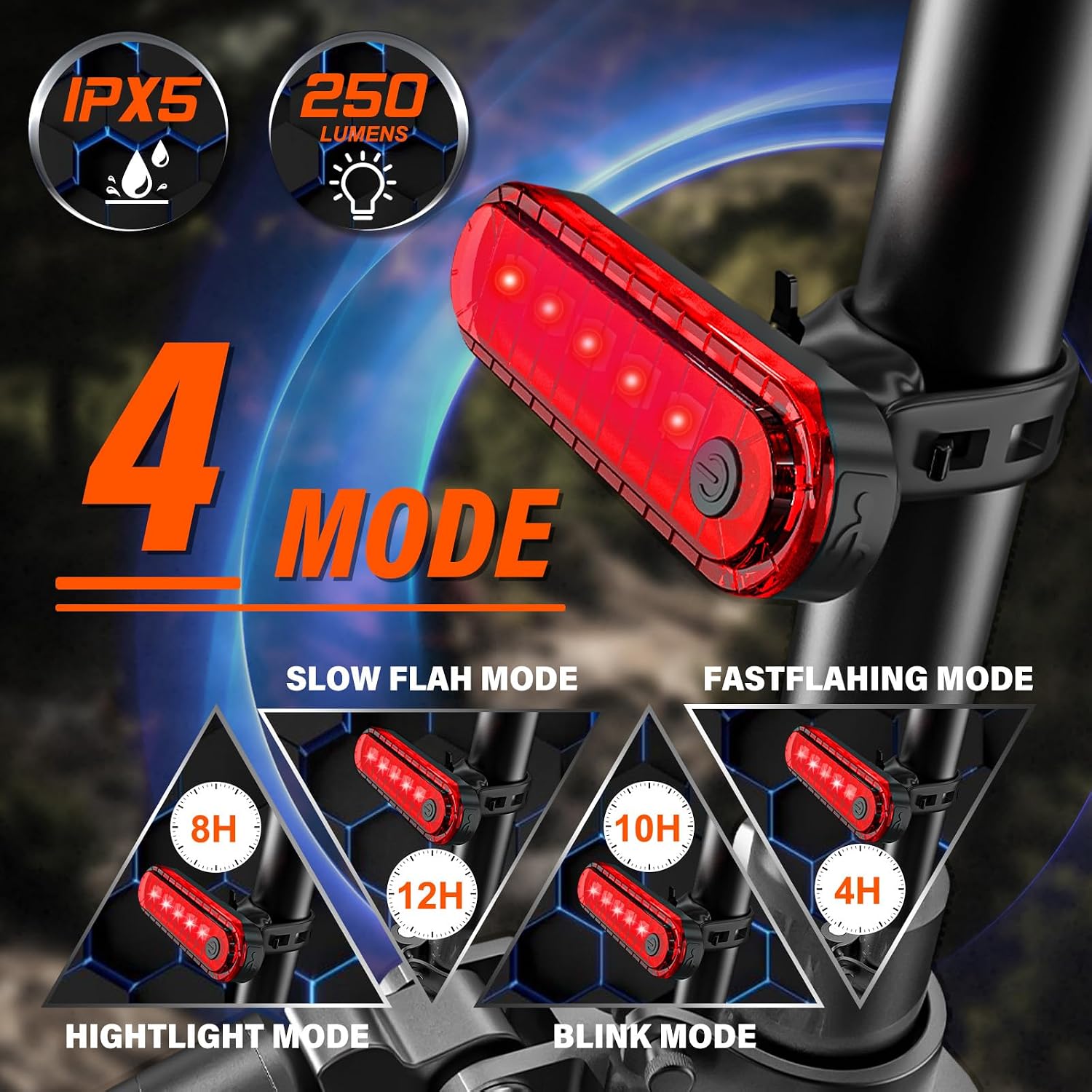 KTEBO rear bike light showing four different flashing modes and battery life