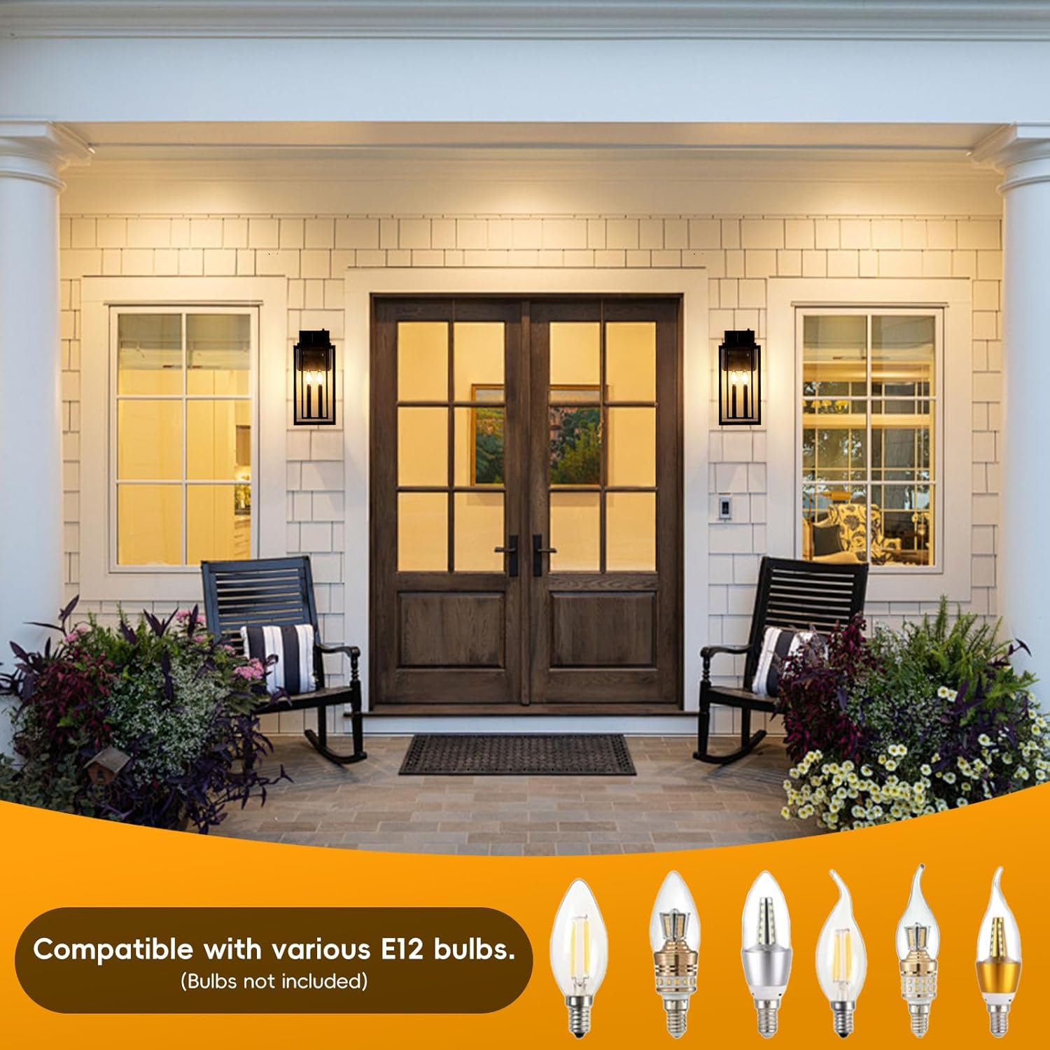 Dusk to Dawn Outdoor Wall Sconce Waterproof Wall Lantern 2-Lights, 20" Large Outside Modern Wall Mount Light, Exterior Matte Black Porch Light with Glass for House Patio Garage, 1-Pack