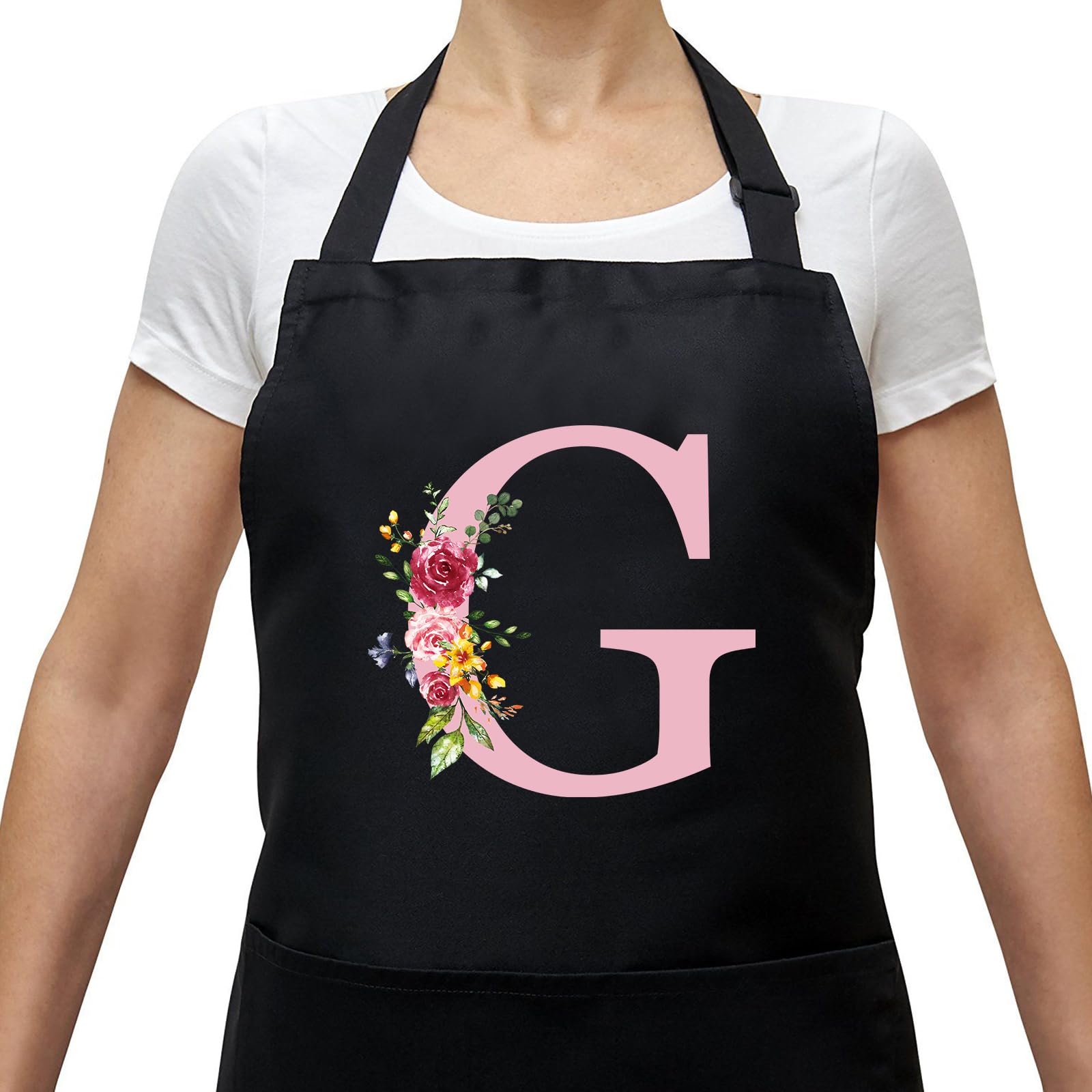 Delantal Cocina Mujer con Inicial y Flores, Delantales Impermeables con Bolsillos, Delantal de Barbacoa Ajustables para Cocina Café Jardinería Hornear, Regalo de Cumpleaños para Mamá Esposa Abuela G