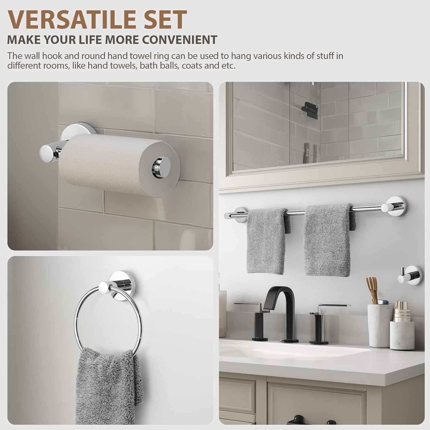 Bathroom Accessories Kit 4 Piece – 24 Inch Towel Bar Set, Rustproof Stainless Steel Bathroom Hardware Set with Towel Ring, Toilet Paper Holder & Robe Hook, Wall Mounted Bathroom Fixtures Set