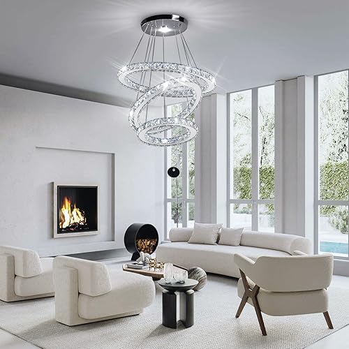 Miniatura 5 de CLAIRDAI Candelabro LED moderno de cristal, lámpara colgante de 3 anillos, lámpara de techo ajustable de acero inoxidable para comedor, dormitorio,