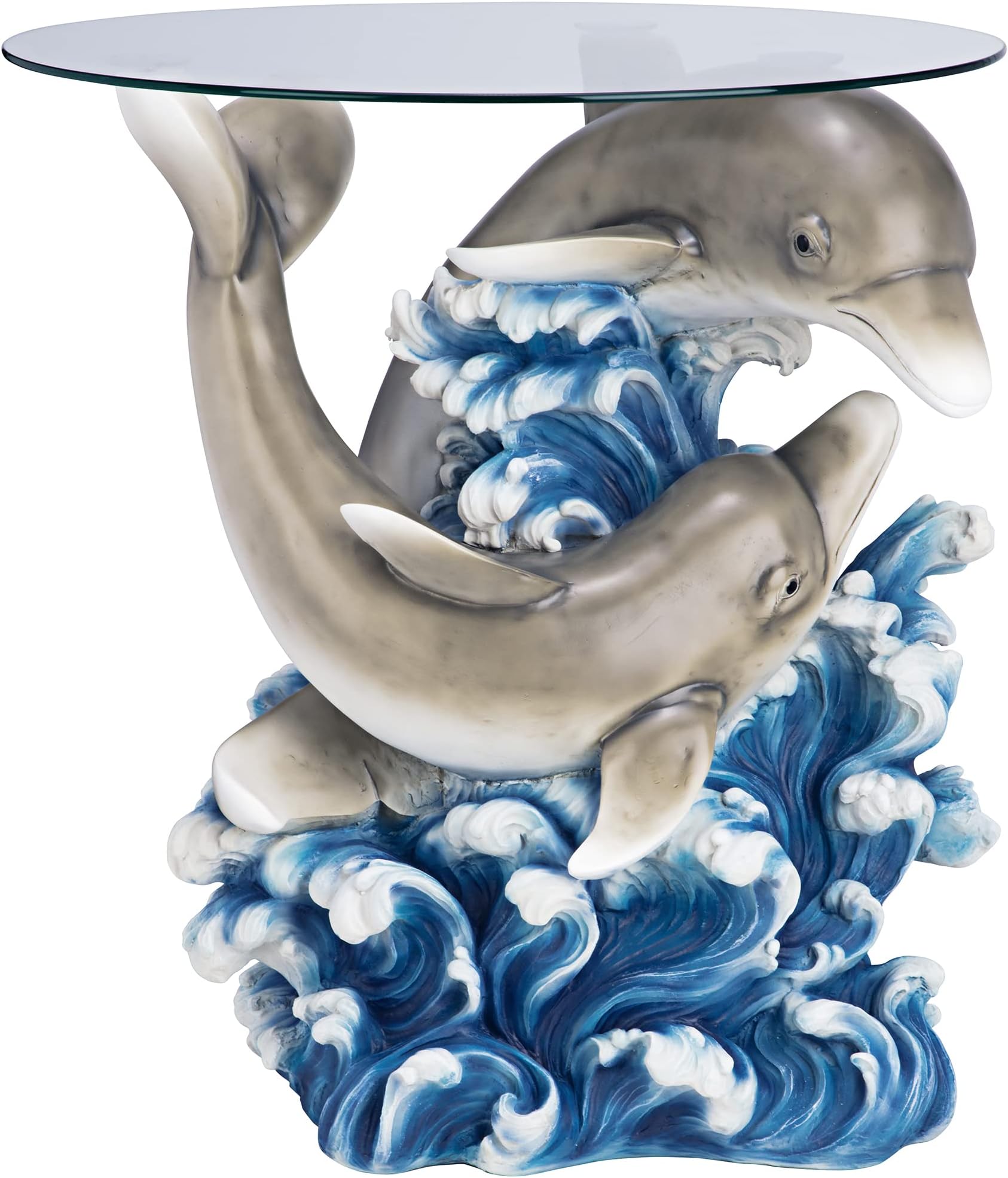 Design Toscano Dolphin Cove Glass-Topped Sculptural Table, 21 Inch