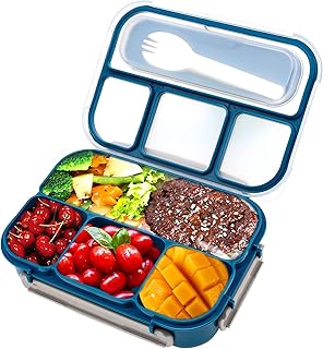 KINBOM 1.3L Bento Lunch Box z Naczyniami i 4 Przegródkami, Kuchenka Mikrofalowa Bez BPA Plastikowy Szczelne Kwadrat Pojemniki na Lunch dla Doroslych Nastolatki Dzieci Studentów (Niebieski)