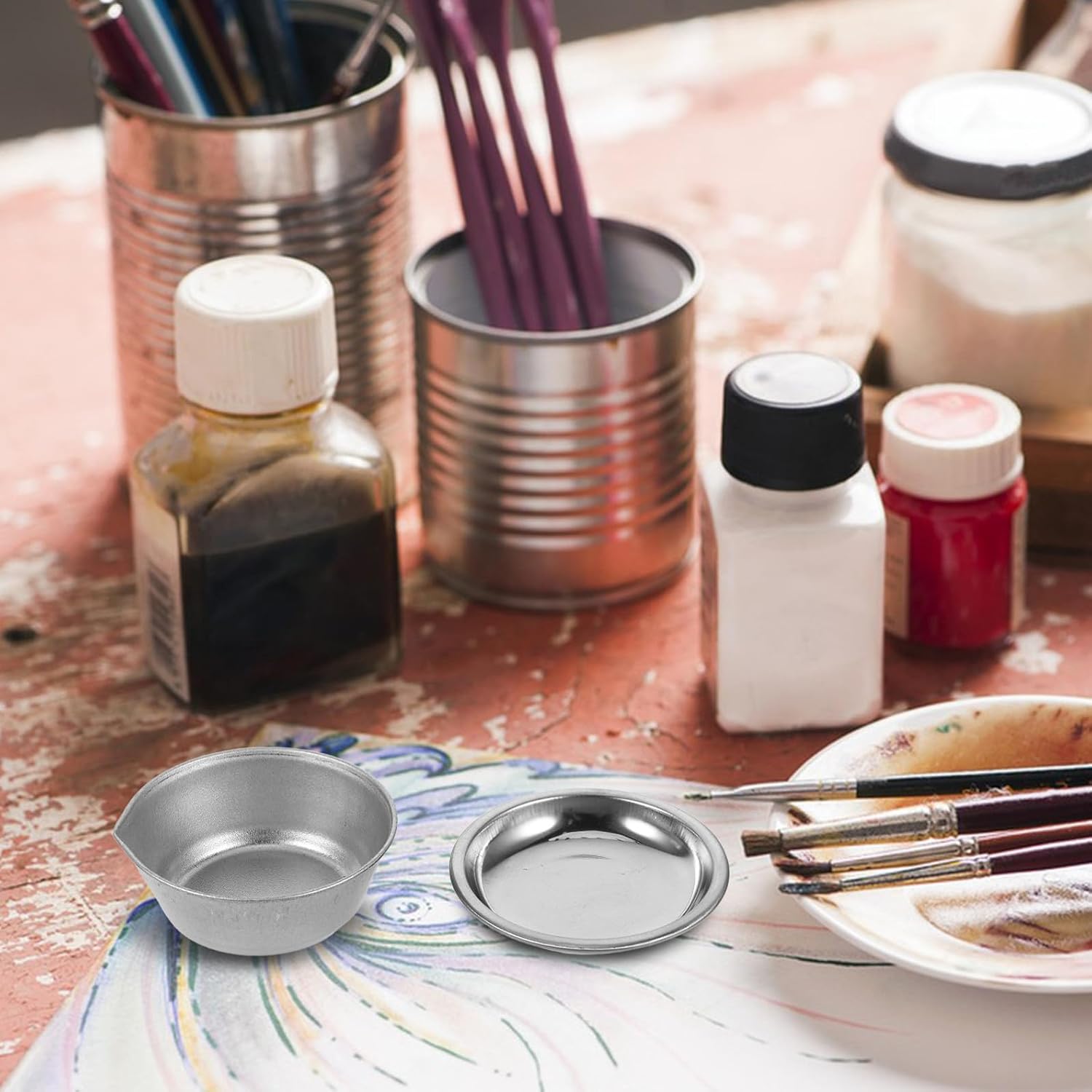 Unomor Iron Paint Mixing Palette Tray with Spout for Scale Model Painting Silver Color Mixing Pigment Plate for Artist Model Making