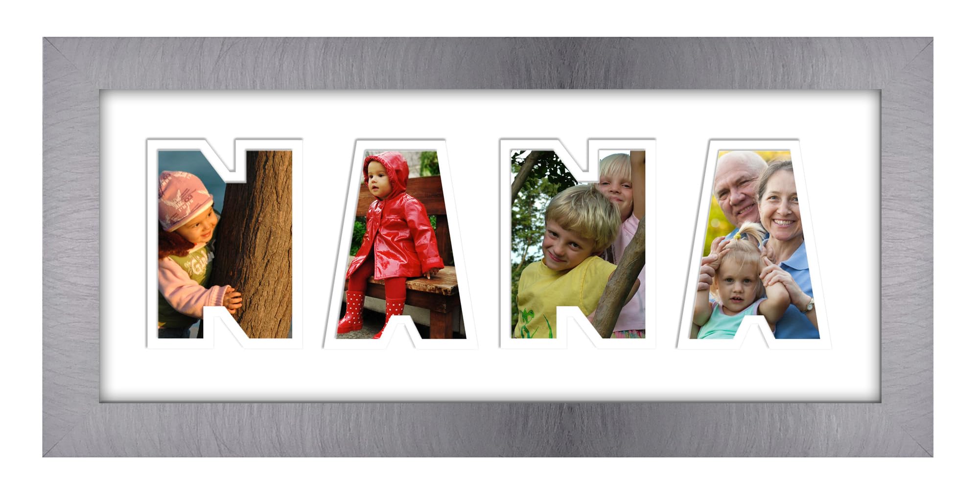 Photos In A Word Brush Silver Finish White - White Mount Nana Photo Frame Word Name Birthday Picture Gift Present (Brush Silver Finish White - White Mount)