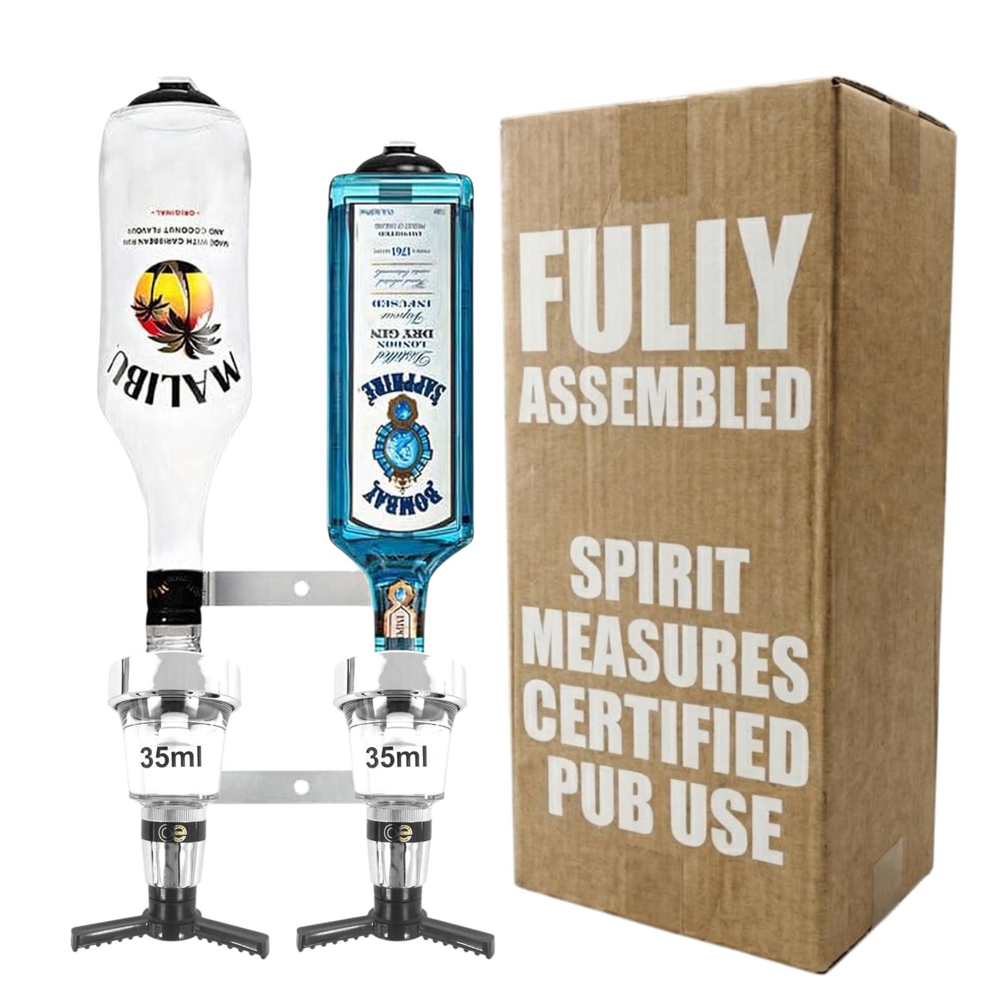 Chabrias Ltd 2 Bottle Traditional Wall Bar Rail + 35Ml Chrome Optics Uk Made, Fully Assembled Metal Bracket & Pub Trade Compliant Traditional Spirit Optic, Fits 70Cl–1.5L Bottles