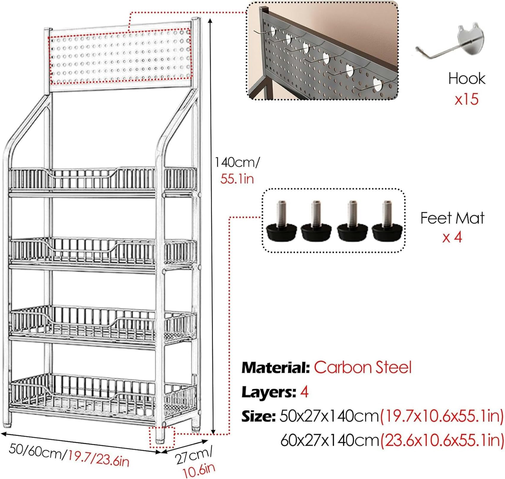 UWYTGF Metal Black Floor-Standing Snack Display Rack,4 Tier Potato Chip Candy Display Stand for Store/Bakery/Supermarket/Kitchen,Wire Basket Retail Basket Shelf,4 Tier Black,60X27Cm/23.6X10.