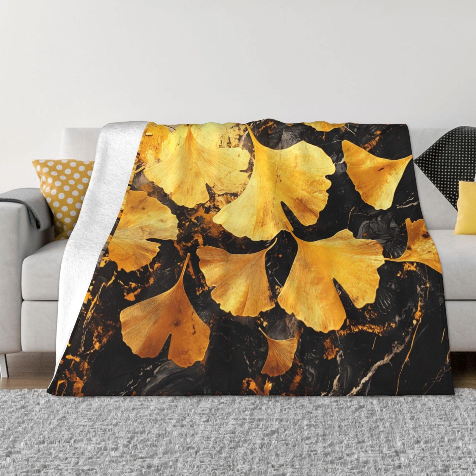 Couverture chaude en flanelle thermorégulatrice ginkgo dorée