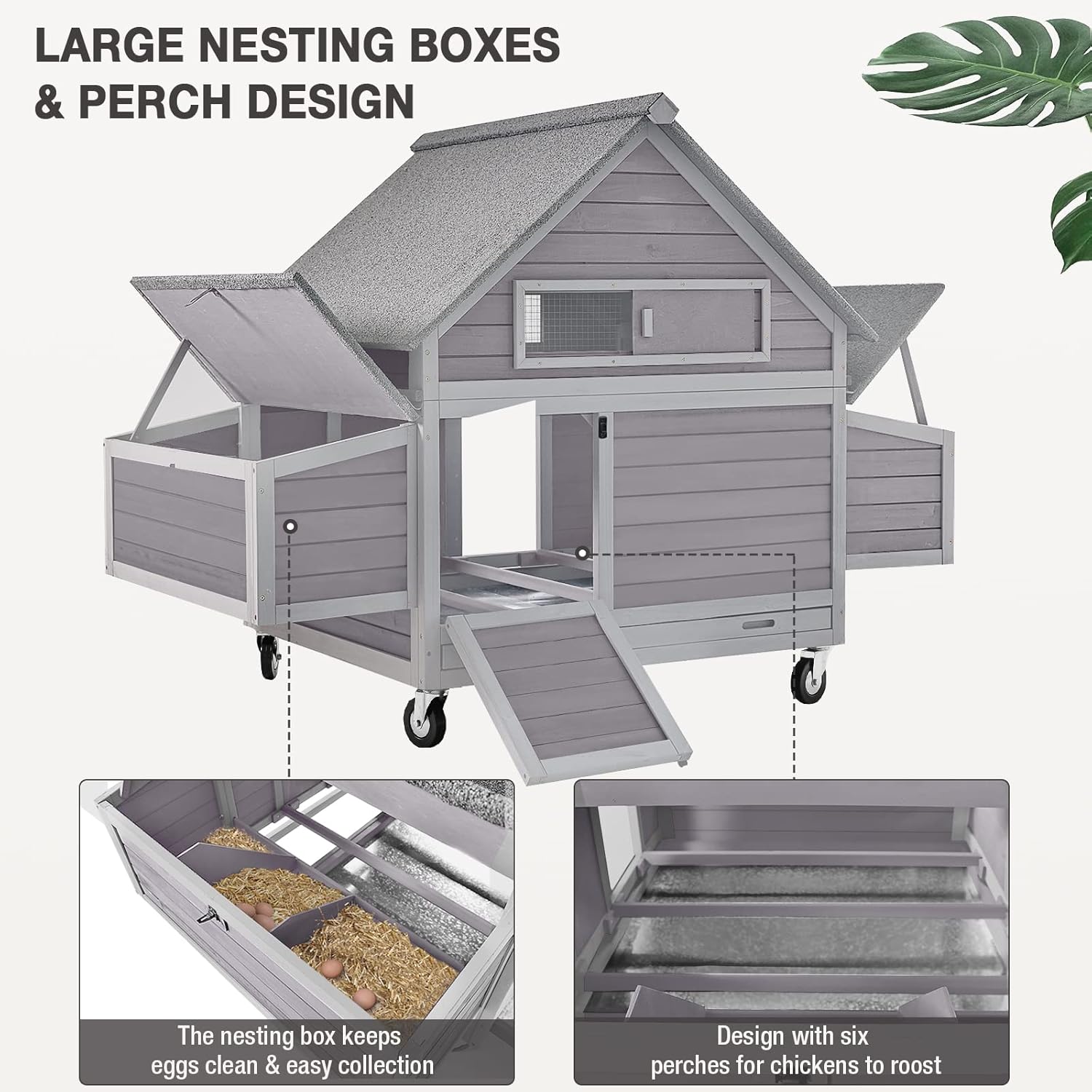 Large Chicken Coop with Wheels, Expandable Chicken House for Outdoor with Two Nesting Box, Leakproof Pull-on Tray and UV-Resistant Roof Panel