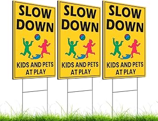 Plastic Drive Slow Kids Play Sign Set 12x8 Inch Double Sided - Street Safety Signs with Stakes - Attention Kids Playing Road Sign - Caution and Slow Kids standing sign - Kids in Play Safety Signs