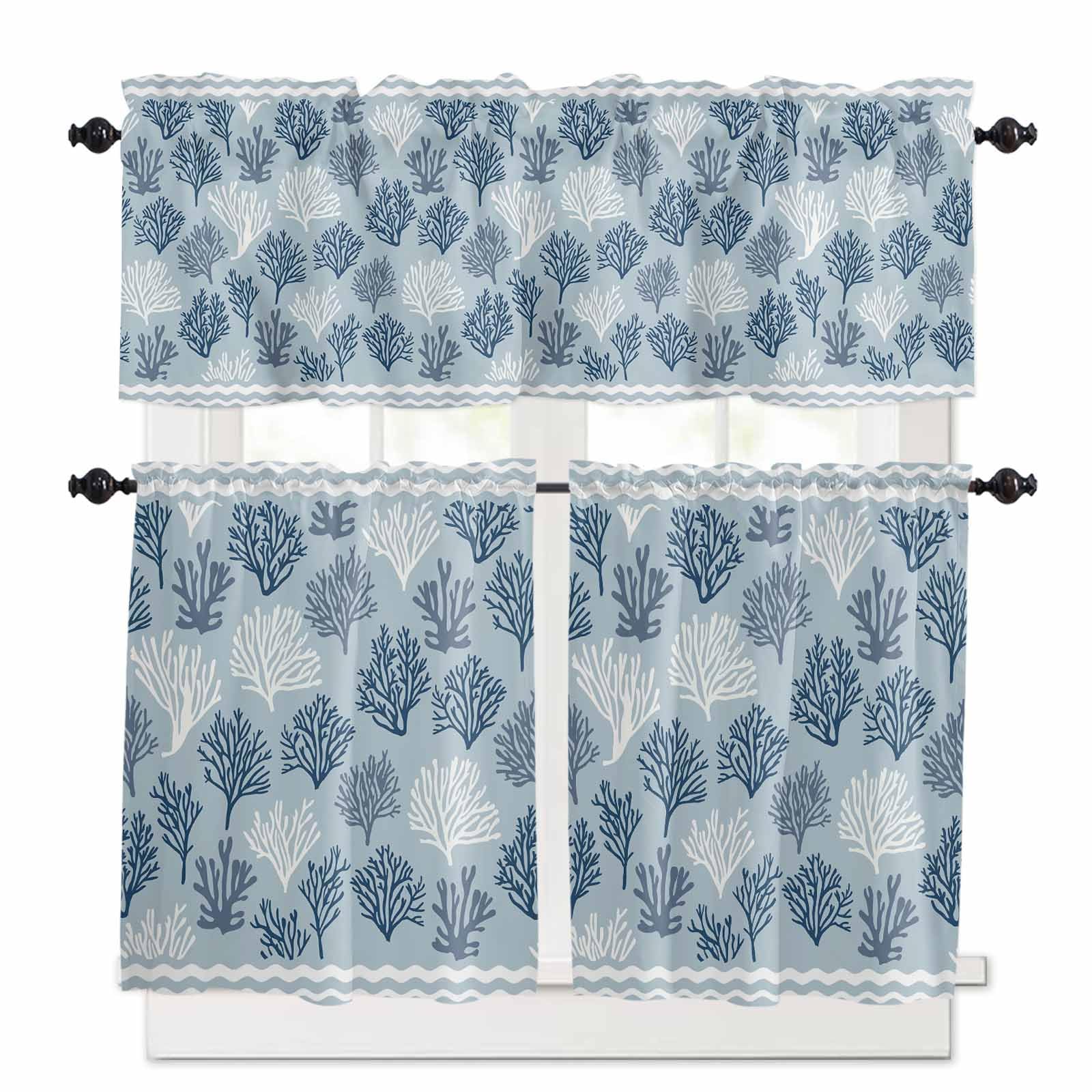 Blue White Coral Kitchen Curtains 36 Inch Length, 3 Piece Rod Pocket Small Half Tiers and Valance Set, Summer Beach Coastal Ocean Stripes Small Large Window Treatment Decor for Bedroom/Bathroom Sink