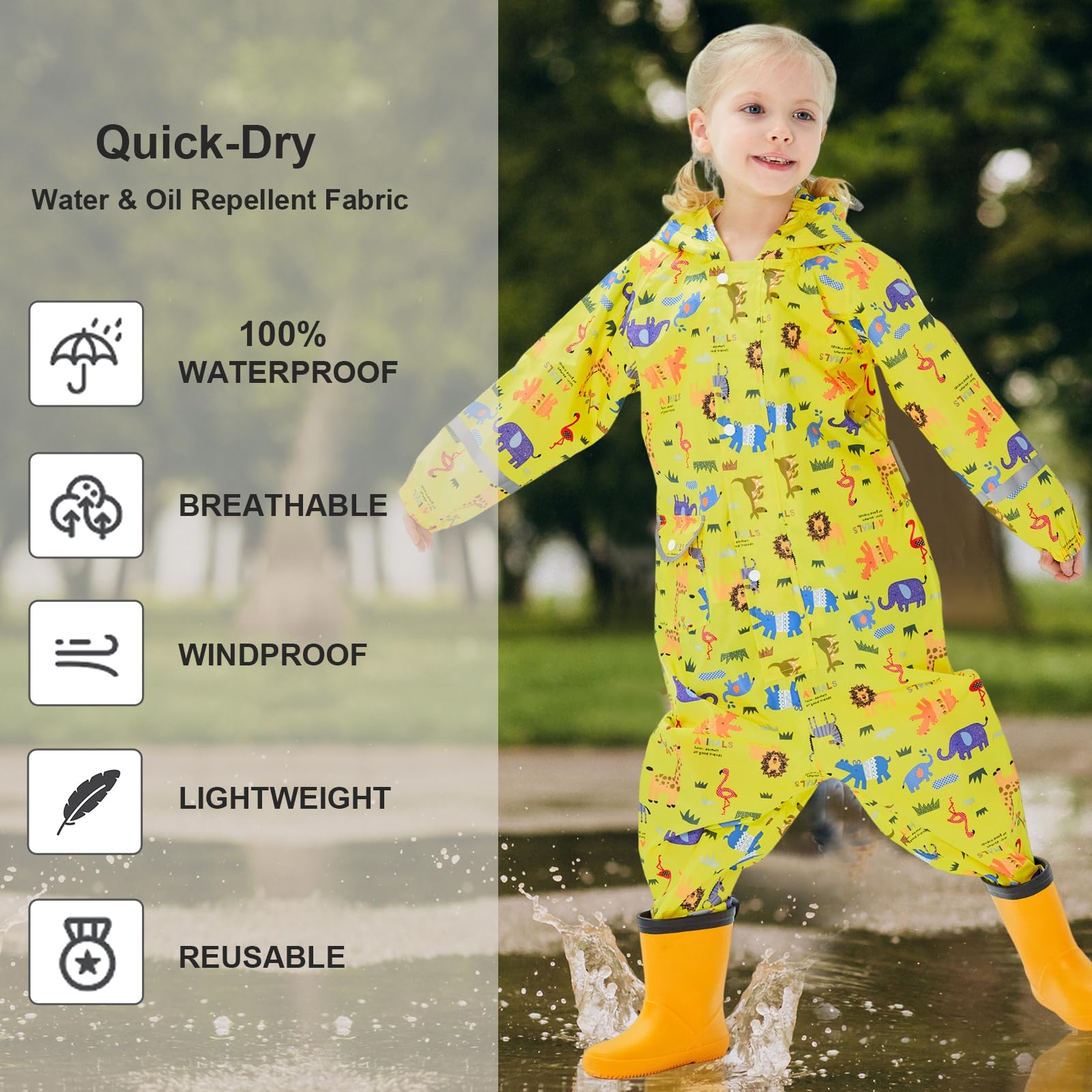 Kinder Regenanzug Jungen Mädchen Einteiliger Regenmantel Atmungsaktiver Wasserdichter Overall Regenjacken Kleinkind Regenponcho Reißverschluss Schlammanzug 1-10 Jahre