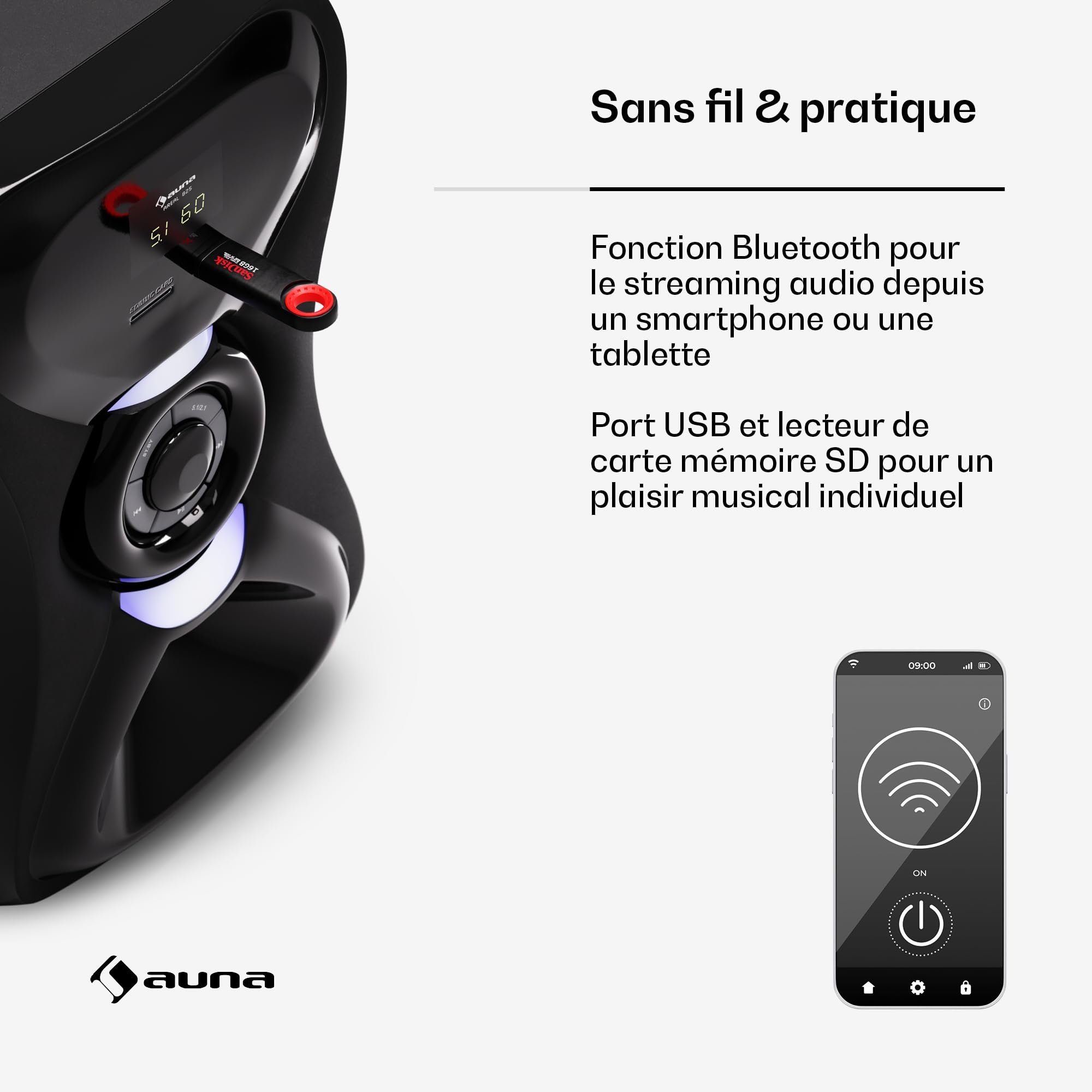 AUNA Areal 825 Home Cinema 5.1 sans Fil - Bluetooth, Subwoofer 100W, Éclairage RVB, Ports USB/SD, Entrée AUX & Optique, Enceinte Home Cinéma avec Télécommande