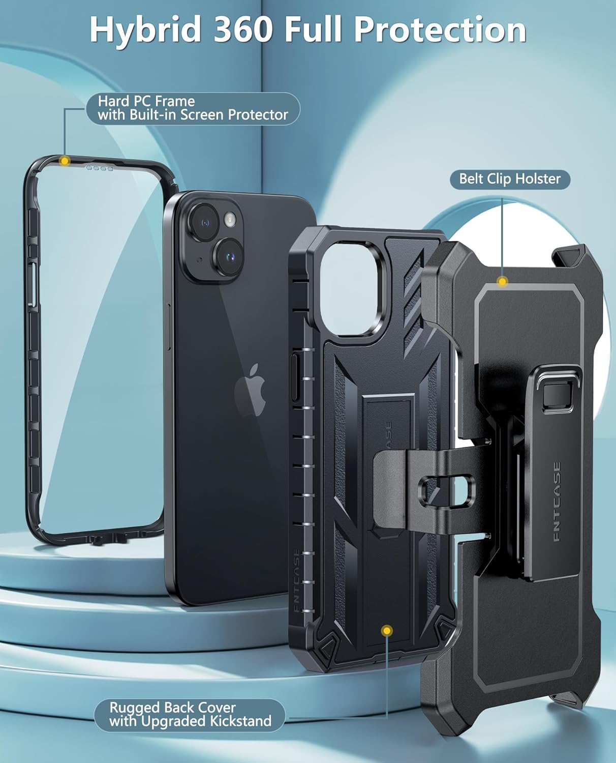 FNTCASE for iPhone 15 Plus Case: Drop Protection Rugged Belt-Clip Holster & Kickstand Military Grade Matte Textured TPU Shockproof Durable Protective Phone Cover 6.7 inch