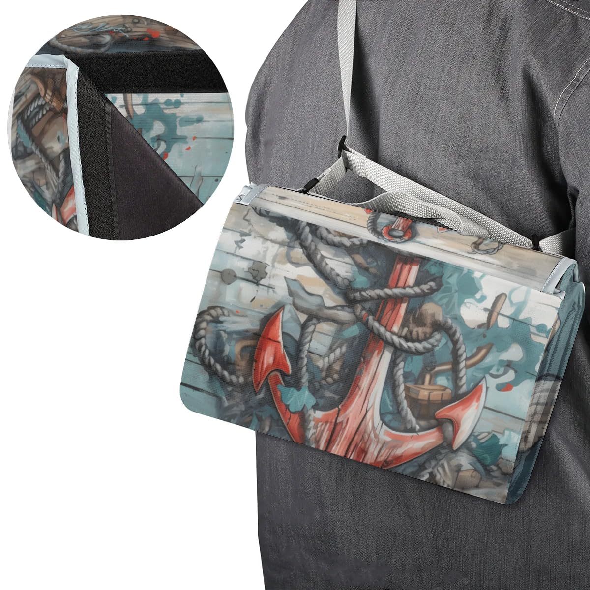 Manta de picnic de 150 x 145 cm, diseño vintage de ancla azul marino, plegable, manta de playa para exteriores, impermeable, para playa, camping, senderismo, picnic