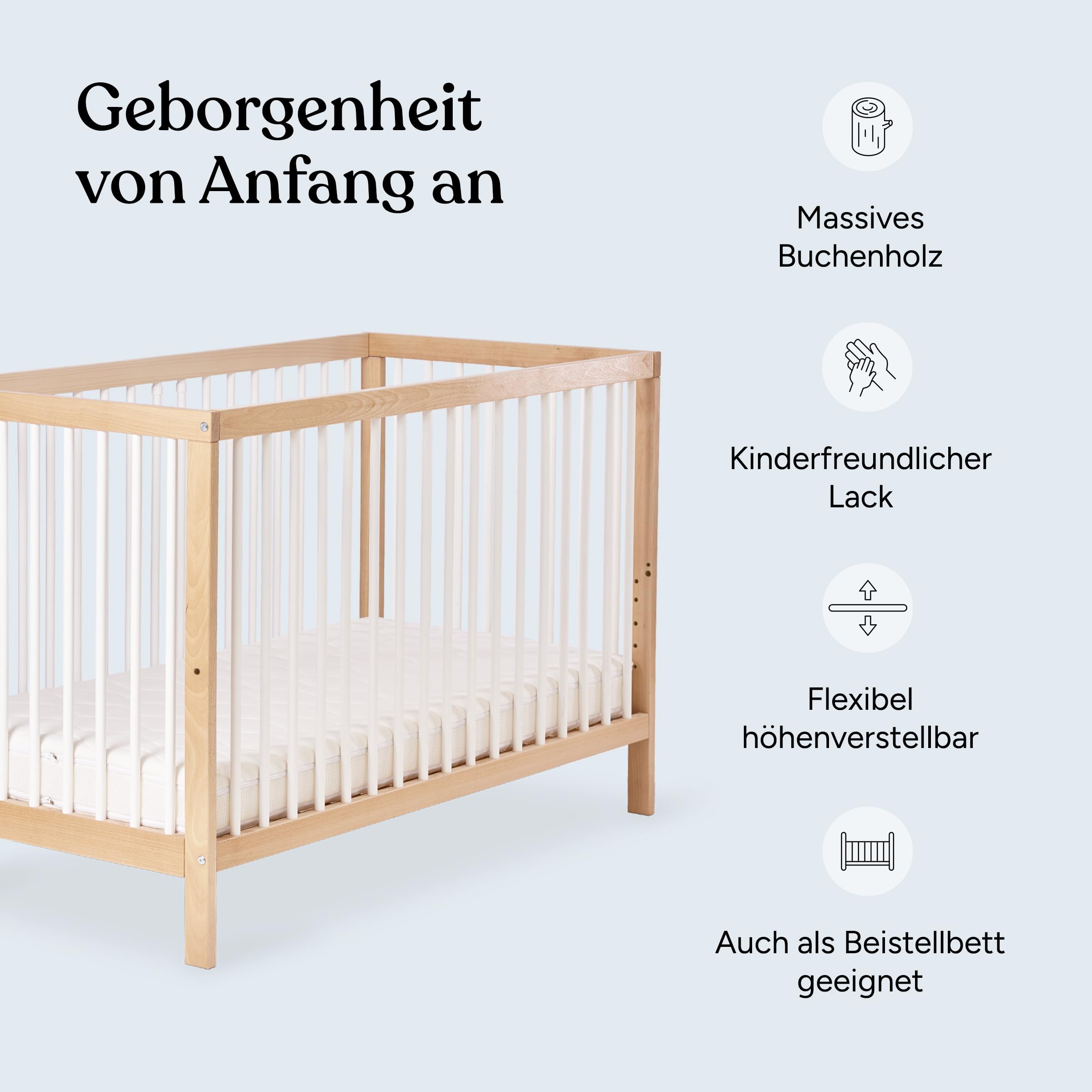 Ehrenkind® Babybett PUR inkl. Schublade 120x60 Buchenholz | Natur-Weiß | Kinderbett 9-Fach höhenverstellbar mit entnehmbaren Stangen | Baby Bett