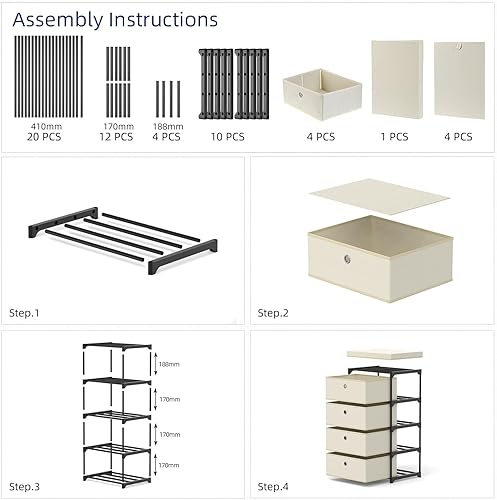 Miniatura 6 de Cómoda con 4 cajones de almacenamiento, baúl de almacenamiento de tela para armario, dormitorio, dormitorio, pasillo, unidad organizadora de ropa