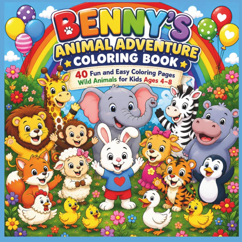 Benny's Animal Adventure Coloring Book: 40 Fun and Easy Coloring Pages Featuring Farm, Jungle, Ocean & Wild Animals for Kids Ages 4–8