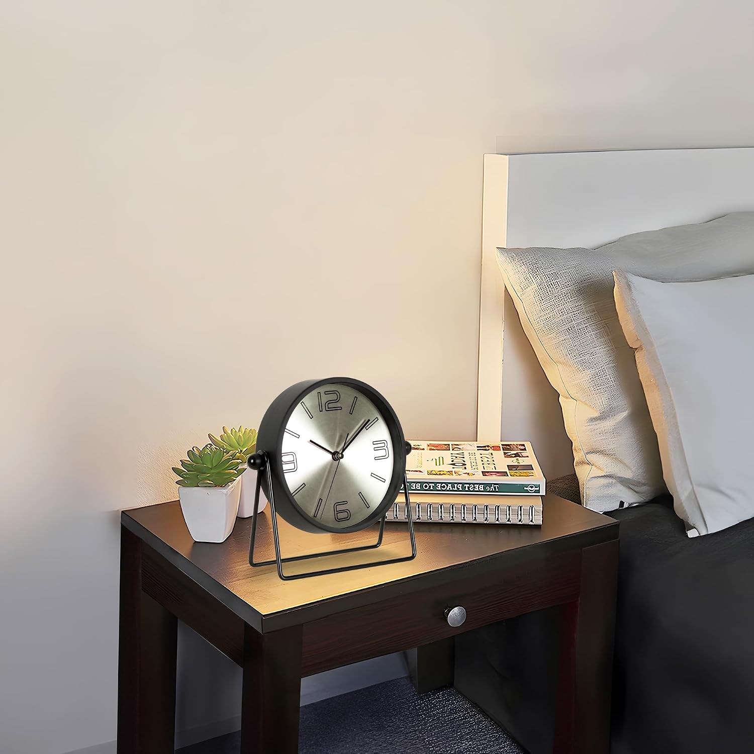 Vintage Metal Desk Clock for Bedroom, with Adjustable Angle Ticking Small, Battery Operated Mantel Bedside Clock, Decorative Table, Old Fashioned Style Black Decor, Adult Kid Gift, Silver