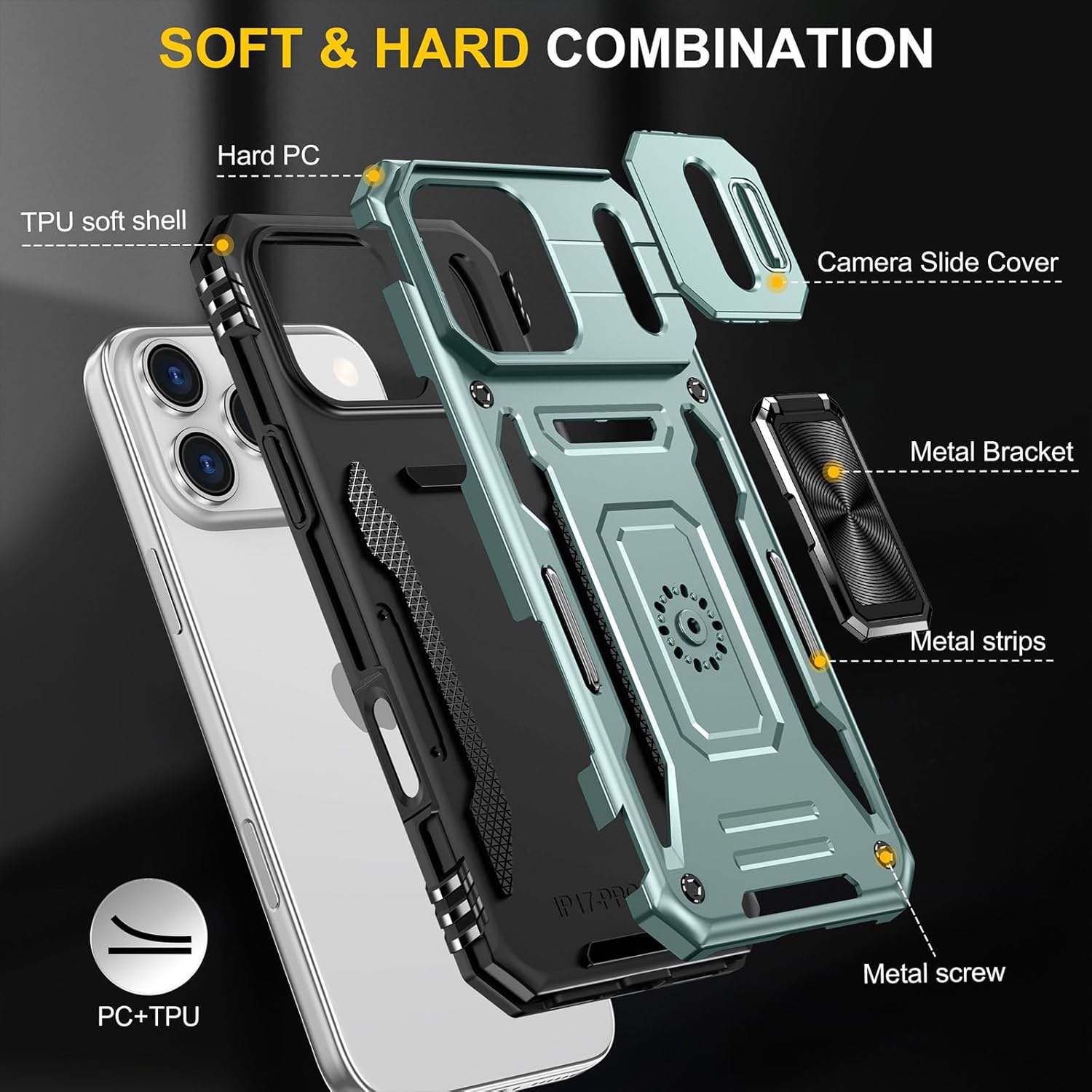 Case Compatible with iPhone17 Pro Phone Case with Stand & Camera Cover & HD Screen Protector, Dual-Layer Shockproof Military-Grade Drop Protection, for 17 Pro (Alpine Green) - Image 5