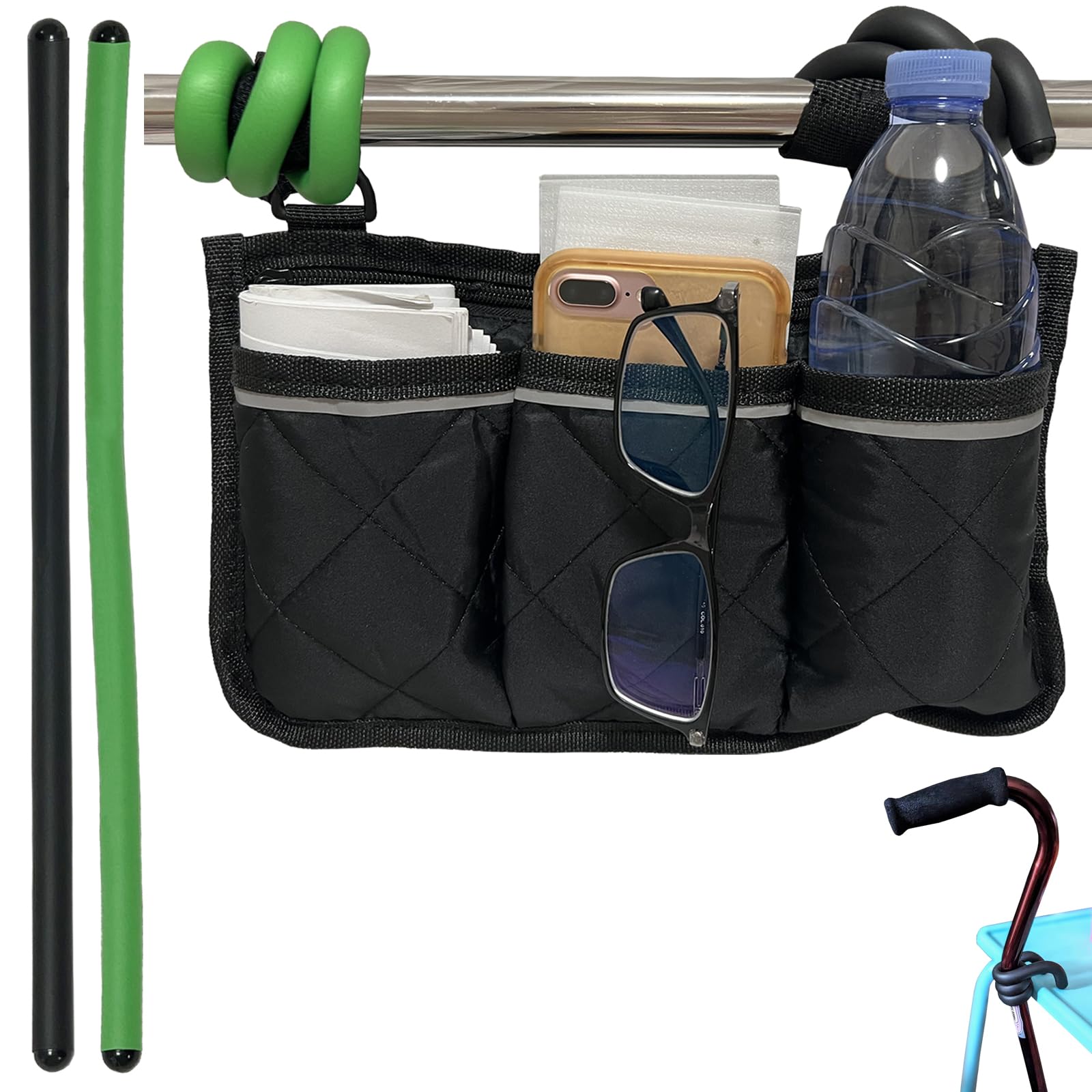 Bolsa lateral para silla de ruedas con 2 soportes para bastones, bolsas de andador con rayas reflectantes, bolsa organizadora para