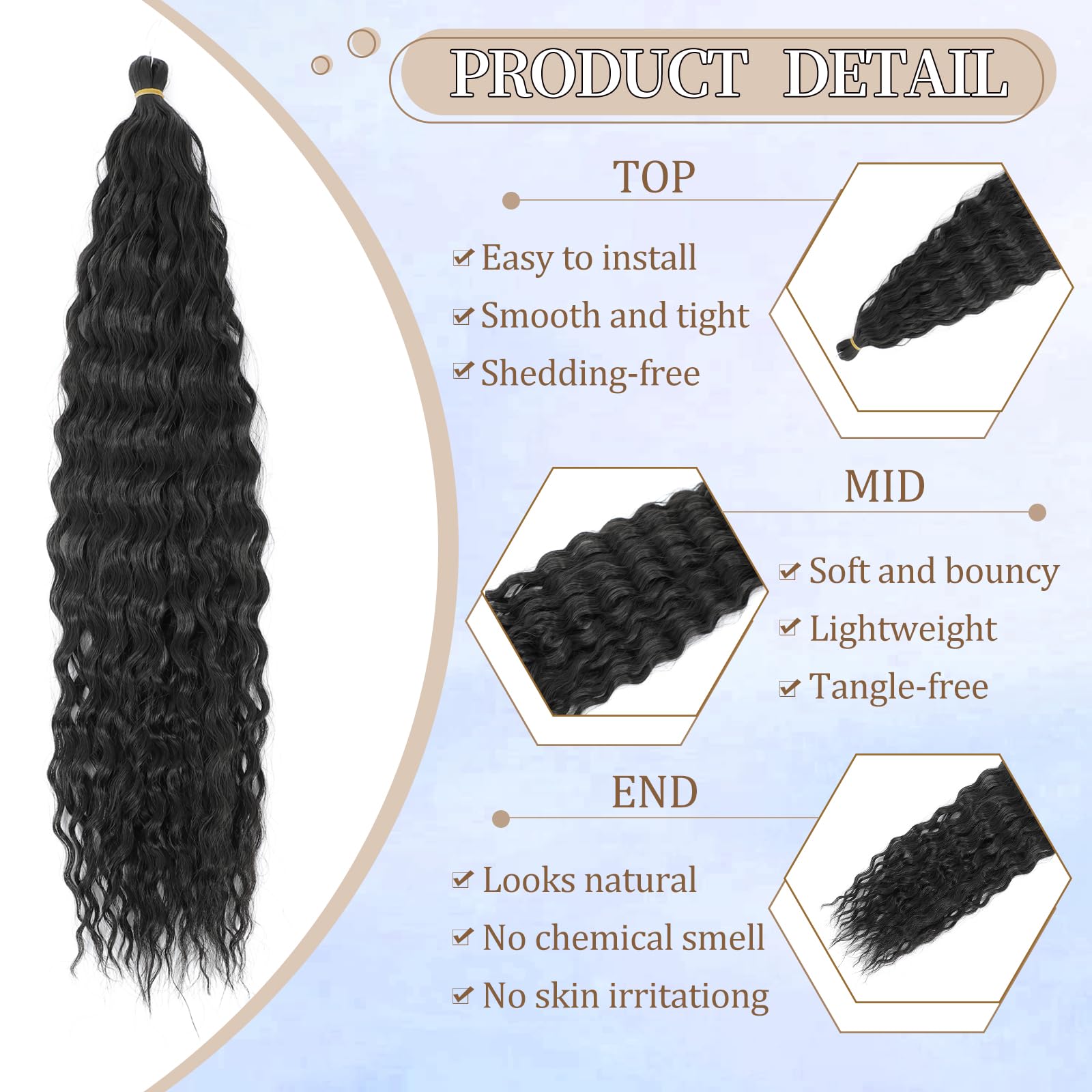 FANLUTYIN 22 Inch Curly Crochet Braiding Hair 3 Packs Ocean Wave Crochet Hair Extensions Deep Wave Synthetic Braiding Hair Curls Hair Twist Water Wave Braided Hair (1B - Image 2