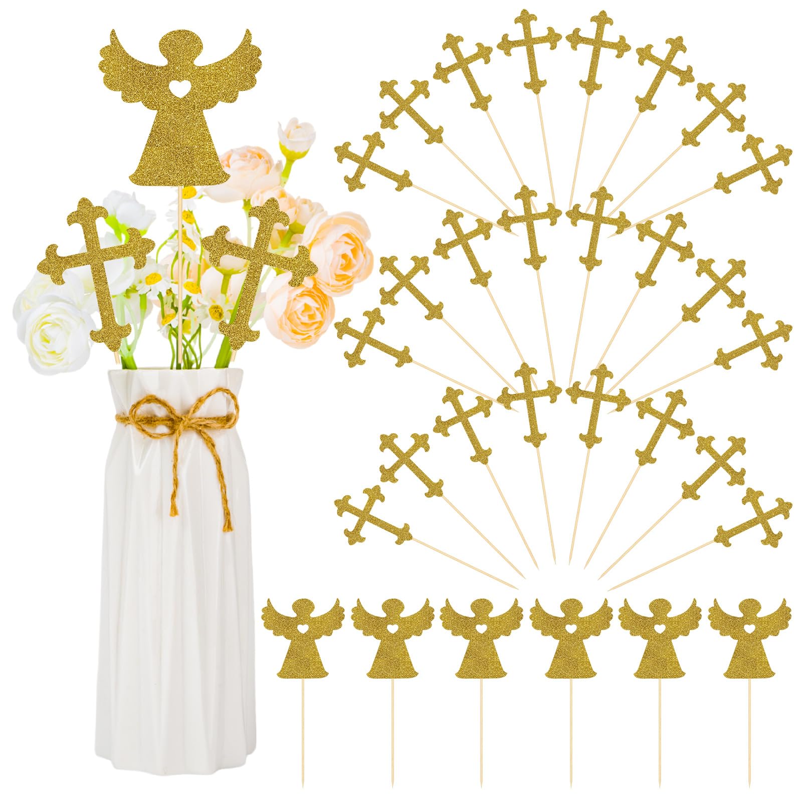 30 Pcs Cross Centerpiece Sticks, Glitter Gold Double Sided Cross Cake Topper and Angel Baptism Centerpieces for Baptism Christening Party Table