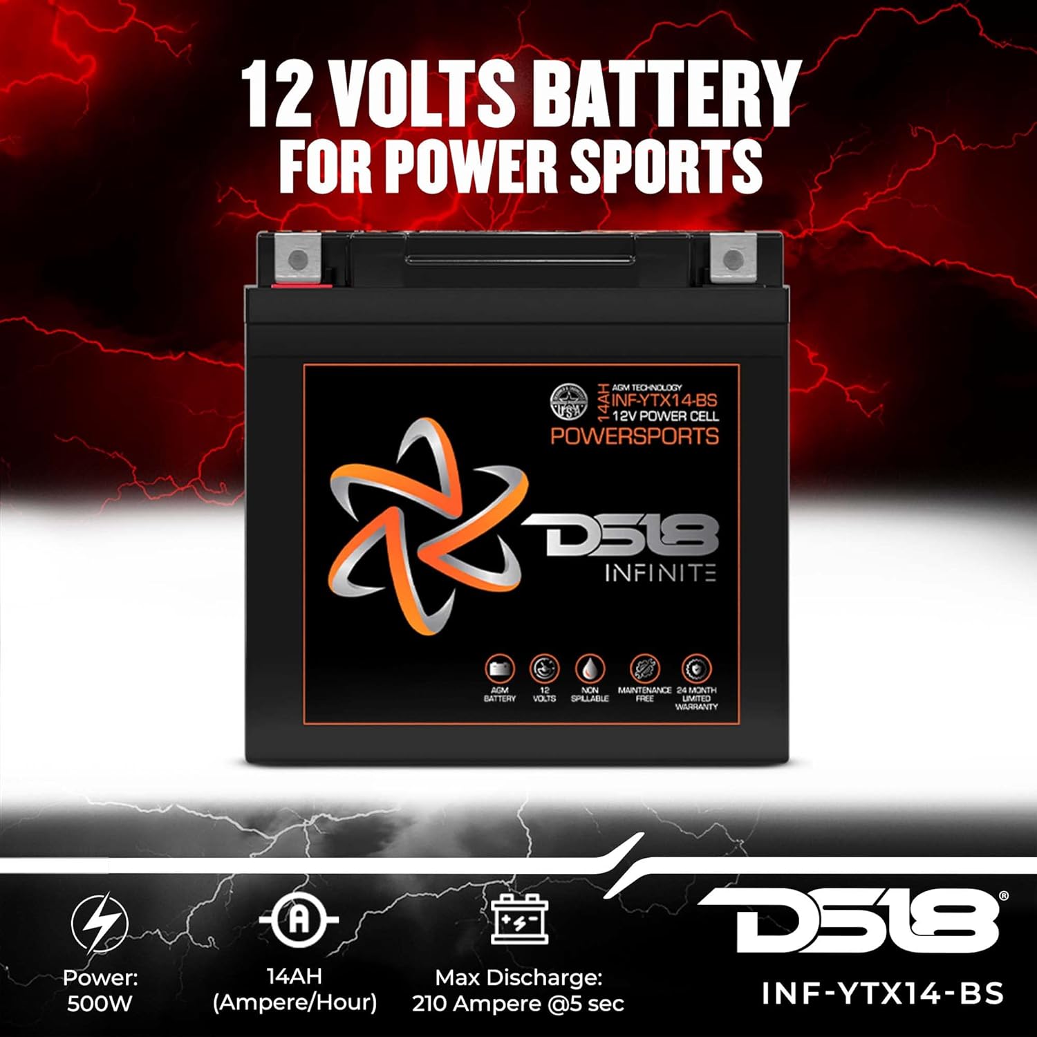 DS18 INF-YTX14-BS AGM Motorsports Motorcycle, ATV and UTV 14 AH 12V Battery, High Performance - Maintenance Free, Rechargeable AGM cell layered construction for maximum voltage (14AH)