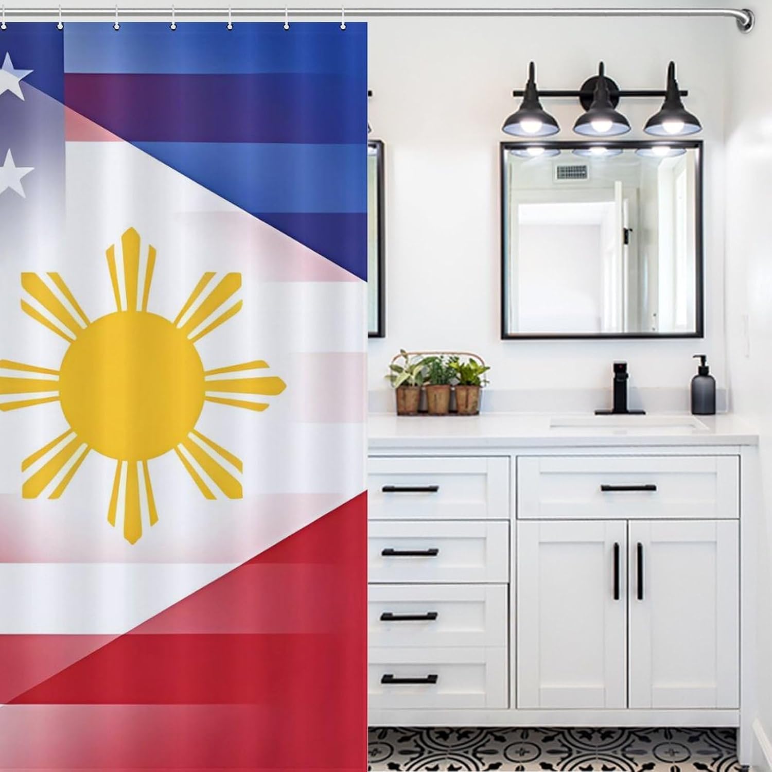 U.S. Philippines Flag Funny Shower Curtains Washable Bath Curtain Liner with Hooks for Bathroom Bath Tubs
