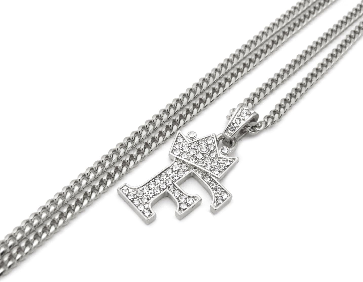 Fashion 21 Unisex Small Size Pave Initial Alphabet Letter Pendant 24" Cuban Chain Necklace & Earring Set (F Set/Silver)