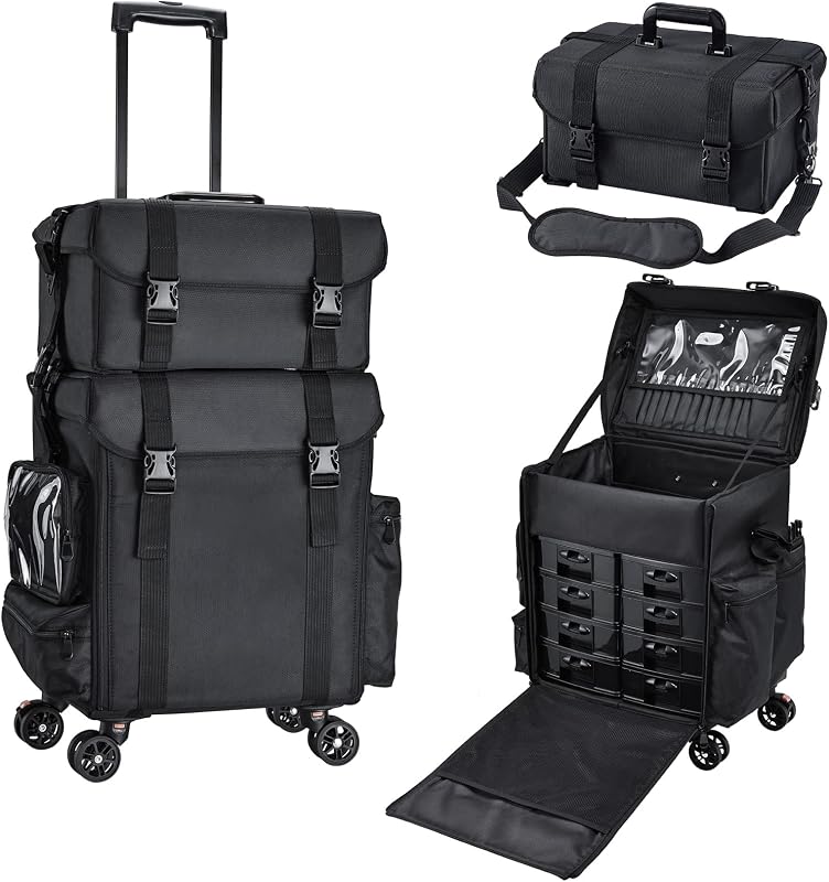 Professional Makeup Case 2 in 1 Hairdresser Case with 8 Drawers Makeup Case with Wheels Cosmetic Trolley Nail Beauty Case, Black