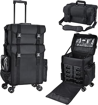 Stagiant Professional Rolling Makeup Case Soft Sided Cosmetology Organizer Wheeled Nylon Train Case Portable Travel Supply Station for Makeup Artist Nail Technician Hair Stylist Crafters   
