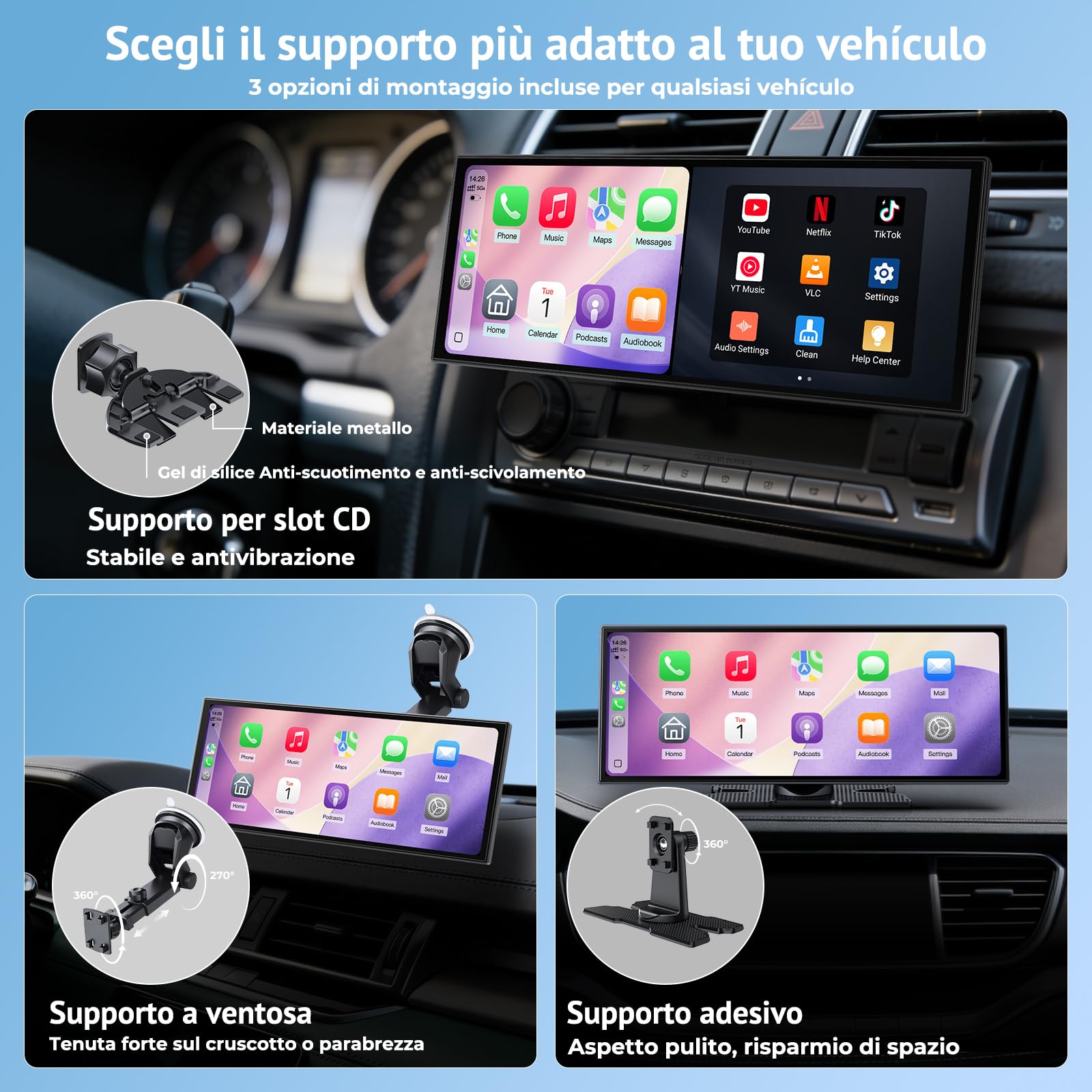 Schermo CarPlay wireless da 10,25" per auto con app Net-flix e Youtube | Touch Screen Car Play per CarPlay e Android Auto, Telecamera di retromarcia incorporata, custodia video di intrattenimento