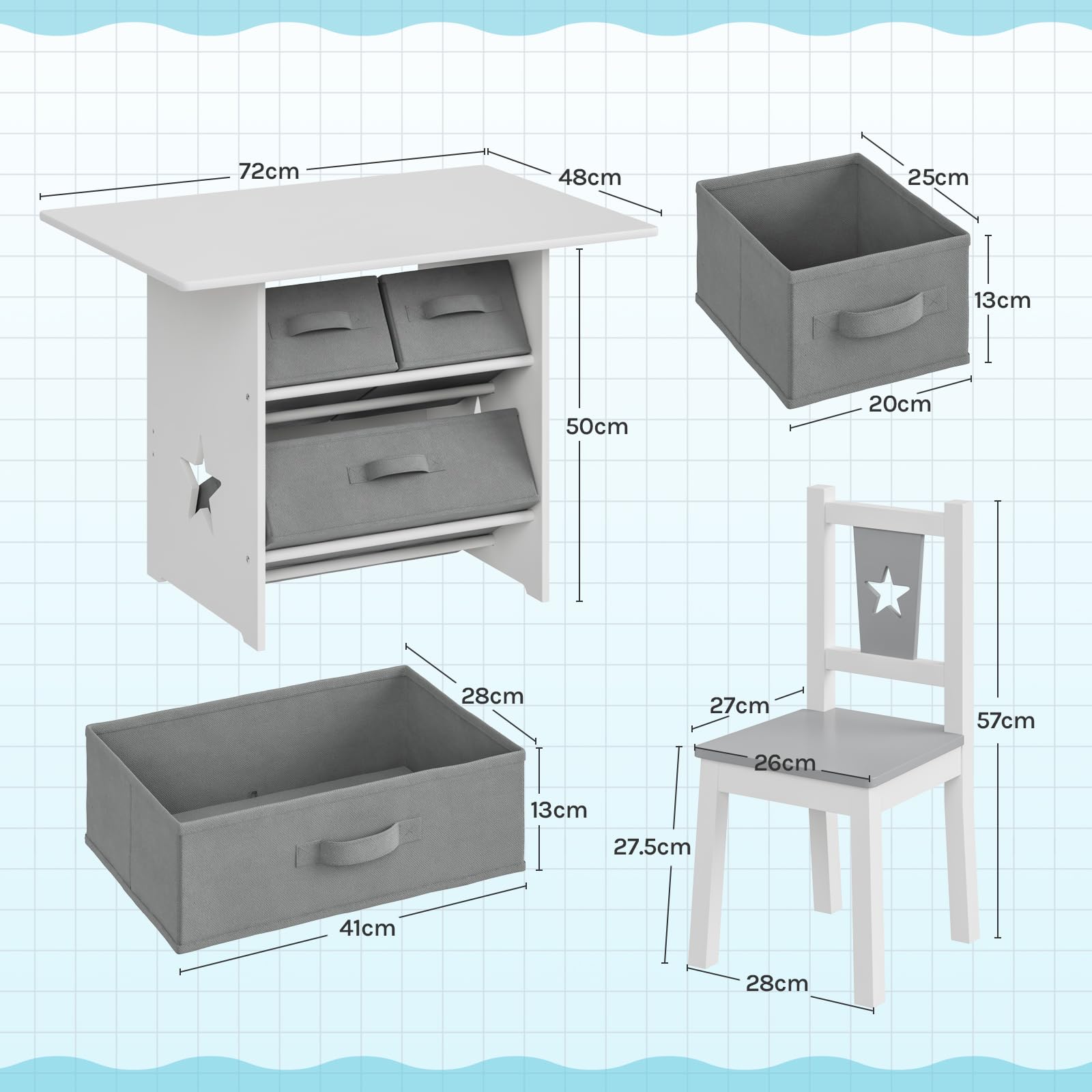 WOLTU Kindersitzgruppe, 1 Kindertisch und 2 Stühle, Kindertisch mit Stauraum, Kindermöbel Set aus Holz, mit 3 Aufbewahrungskörben, Sitzgruppe für Kinder, Grau + Weiß