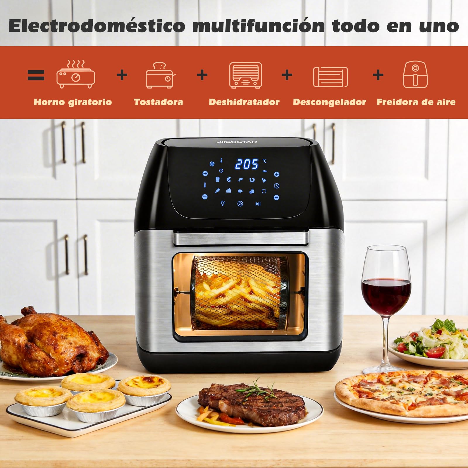 Aigostar Freidora Aire 12L con Sistema giratorio, Horno de Aire 1500W, 9 Programas y Pantalla LED Táctil, Air Fryer de Acero Inoxidable con Ventana Visualización, Accesorios Incluidos, Deshidratador