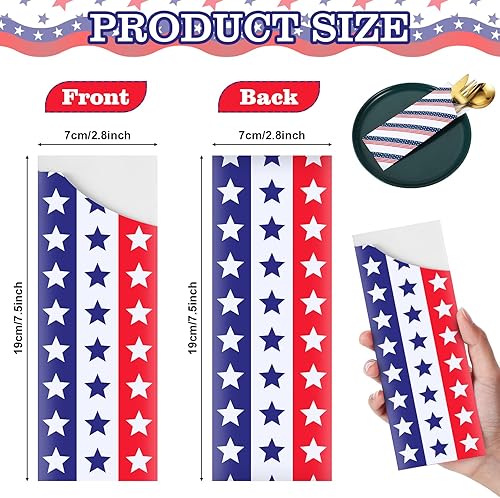 Miniatura 2 de 100 bolsas de cubiertos desechables para el Día de la Independencia del 4 de julio, con la bandera estadounidense, soporte para cubiertos de papel,