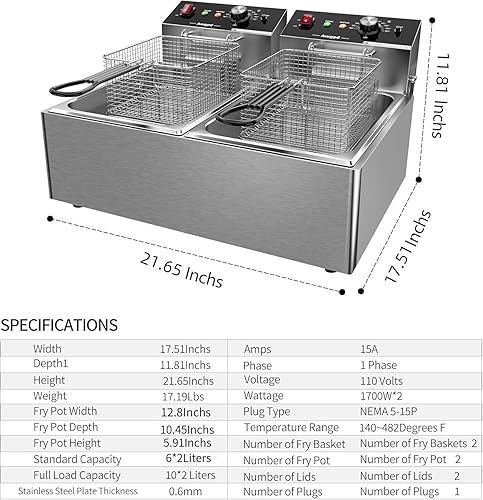 Miniatura 4 de Freidora comercial con cestas de acero inoxidable doble freidora profunda con 2 cestas de capacidad 10L x 2 (21.3QT) freidora eléctrica para