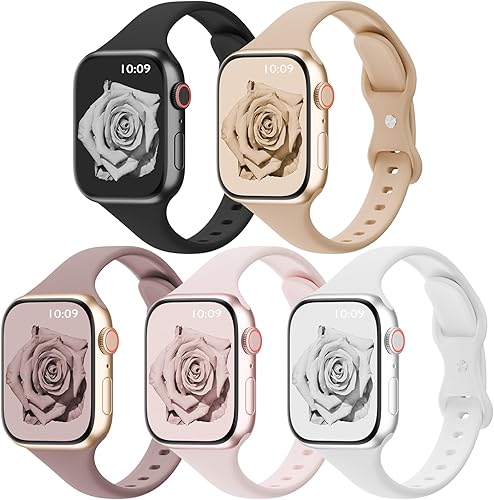 TSAAGAN Paquete de 5 correas delgadas de silicona compatibles con Apple Watch de 1.496 pulgadas, 1.575 pulgadas, 1.654 pulgadas, 1.732 pulgadas,