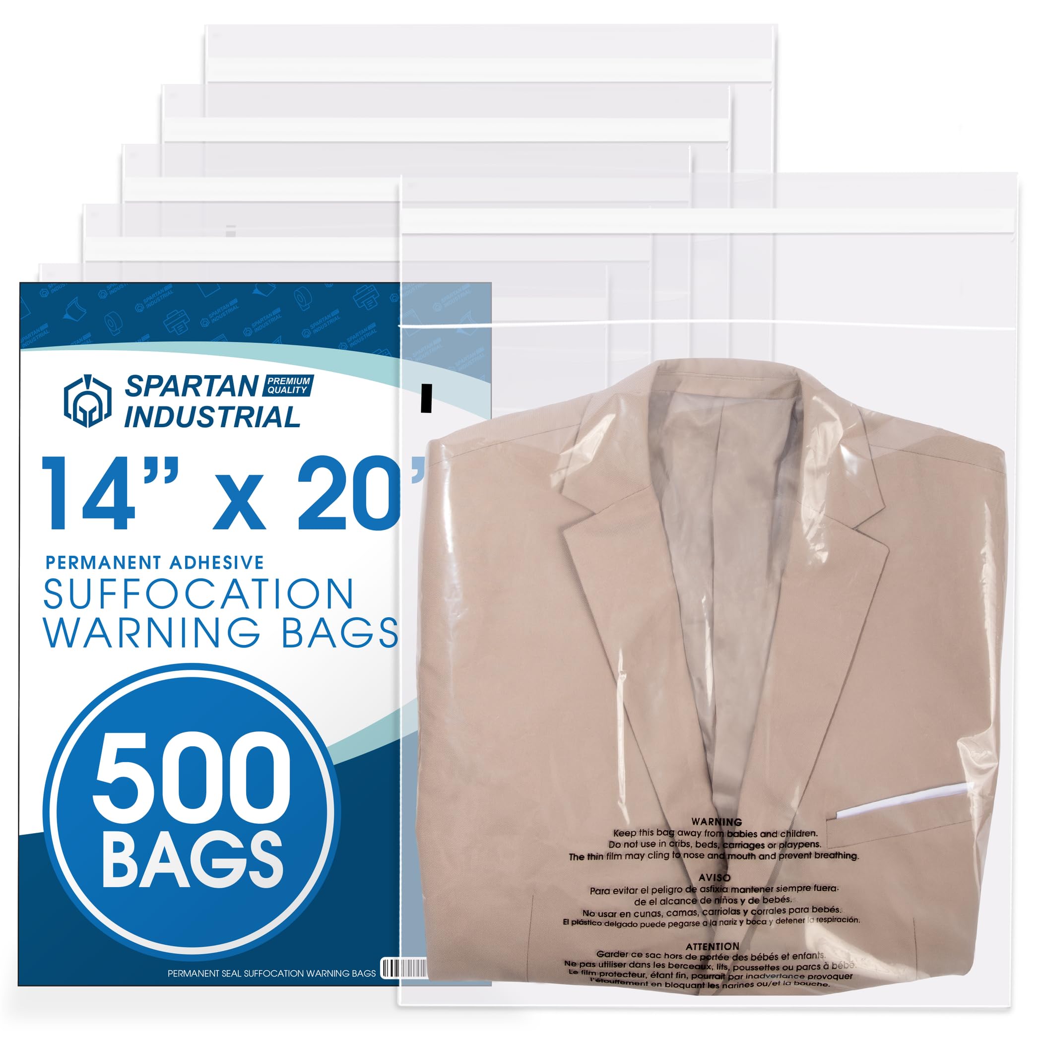Spartan Industrial - 14" X 20" (500 Count) Self Seal Clear Poly Bags with Suffocation Warning for Packaging, Clothes - Permanent Adhesive