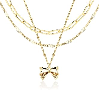 Layered Gold Necklaces for Women, Stackable Dainty 14K Gold Silver Plated Trendy Circle Paperclip Chain Pendant Choker Necklace,Simpl Diamond Cross Bow Jewelry Set Gifts for Women