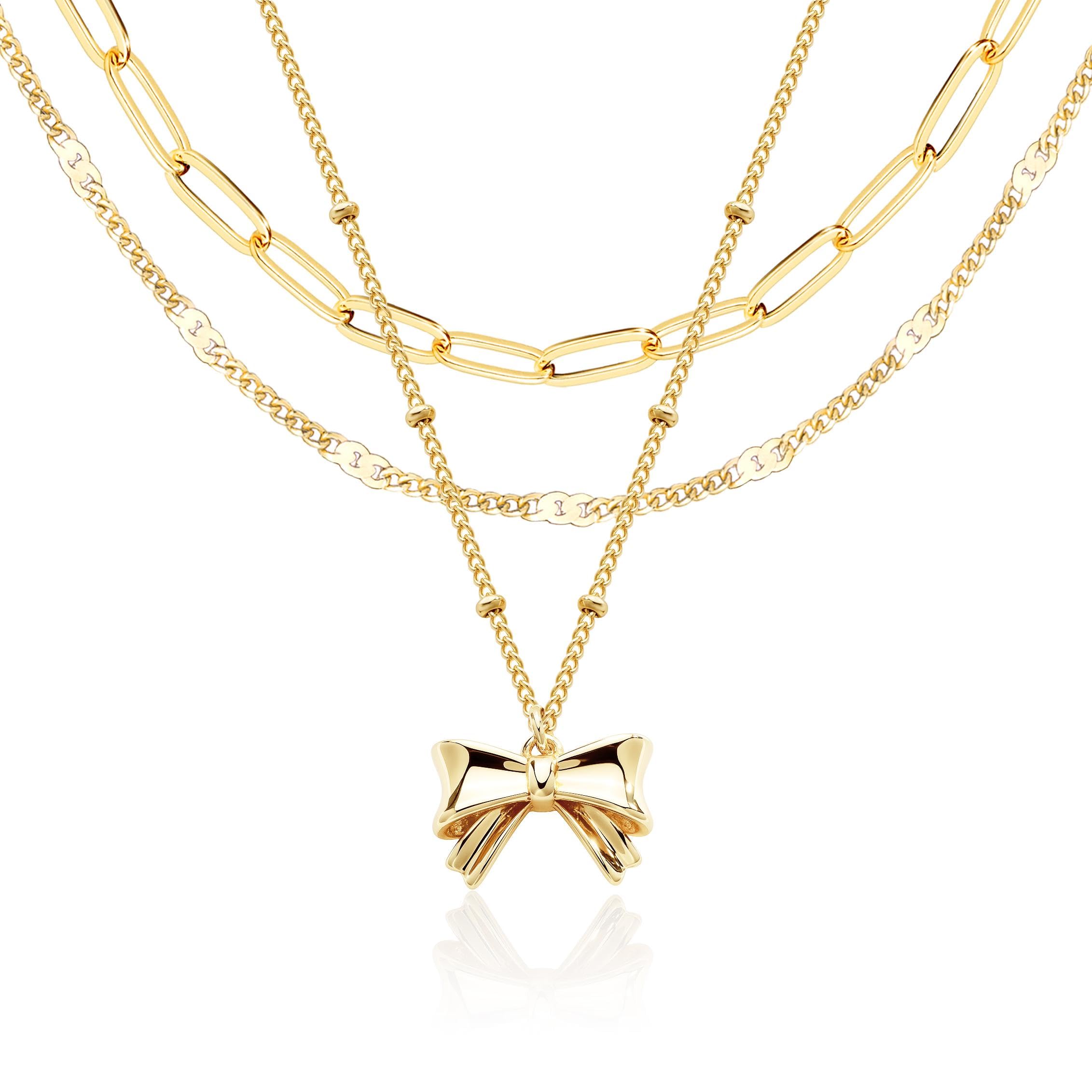 Layered Gold Necklaces for Women, Stackable Dainty 14K Gold Silver Plated Trendy Circle Paperclip Chain Pendant Choker Necklace,Simpl Diamond Cross Bow Jewelry Set Gifts for Women