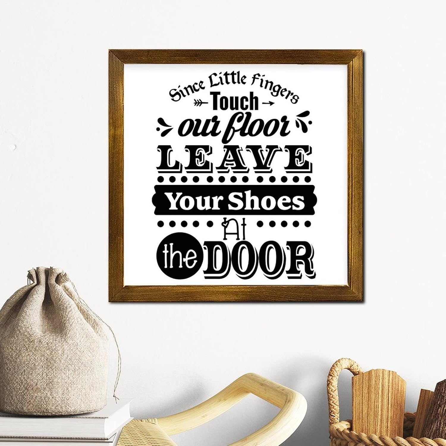 Since Little Fingers Touch Our Floor Wood Framed Signs Quote Saying Welcome Sign Retro Wall Art Hanging Farmhouse Decoration Plaque for Living Room Bedroom Front Door Office 12x12 Inch