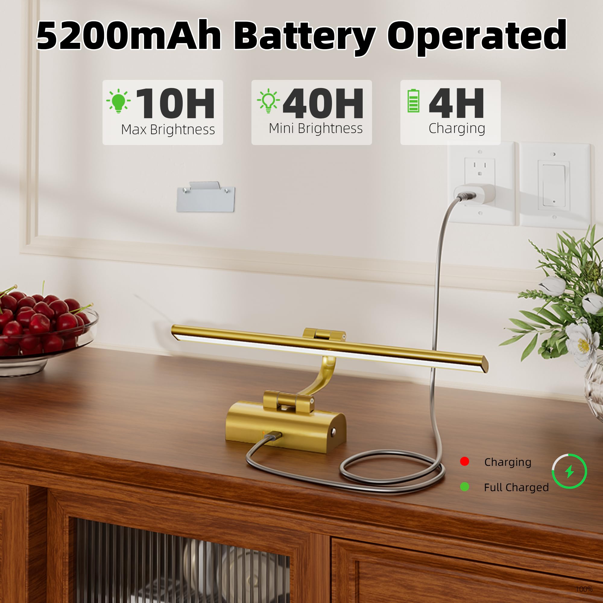 Bildbeleuchtung Kabellos, 5200mAh Akku Bilderleuchte 40cm, LED Wandleuchte Innen mit Fernbedienung & Timer, Dimmbar 3 Farbtemperaturen Bilderlampe für Malen Foto Portrait Dartbrett, Gold