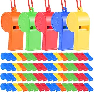 WSYUB 72 Pack Loud Plastic Whistles with Lanyards - Bulk Party Favors, Kids Toys, Sports Training, Safety Alerts for Birthdays, Emergencies, 5 Colors